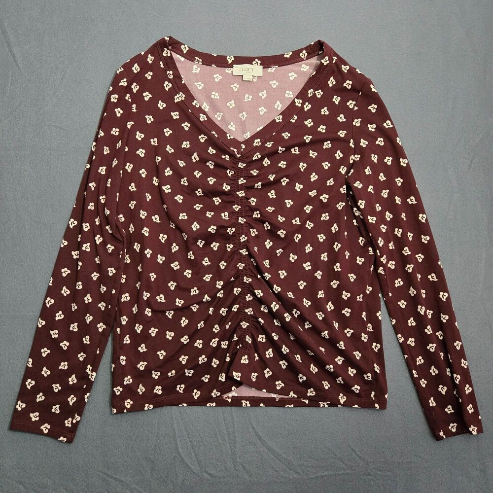 LOFT Outlet Blouse Women L Maroon Floral Long Sleeve Ruched V Neck
